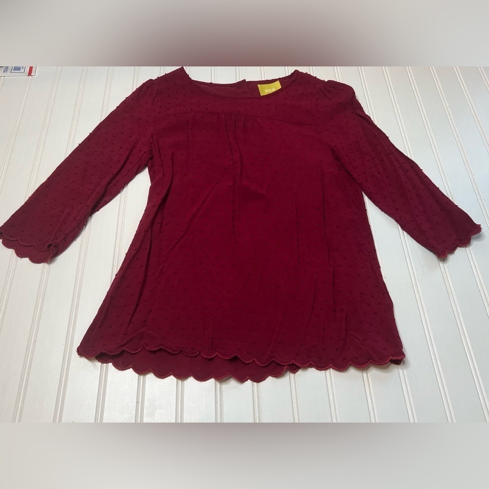 Maeve Anthropologie Emmeline Wine 3/4 Scalloped Hem Swiss Dot Top Blouse 0 492